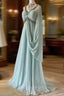 Gentle Tiffany Blue Chiffon V-Neck Beaded Sequin A-Line Long Prom Dress Wedding Evening Dress