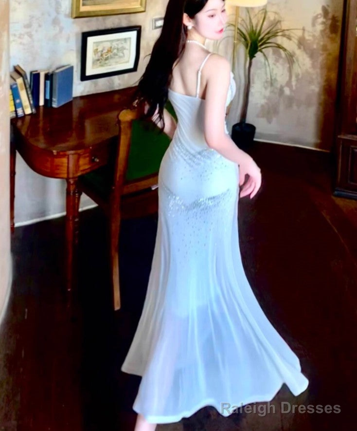 Gentle White Bodycon Dress Spaghetti Straps Prom Dress Graduation Prom Adult Ceremony Dress