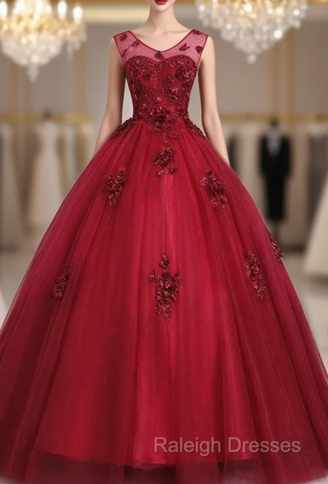Get Your Discounts Burgundy Ball Gown Tulle Appliques V-neck Quinceanera Dress Main image