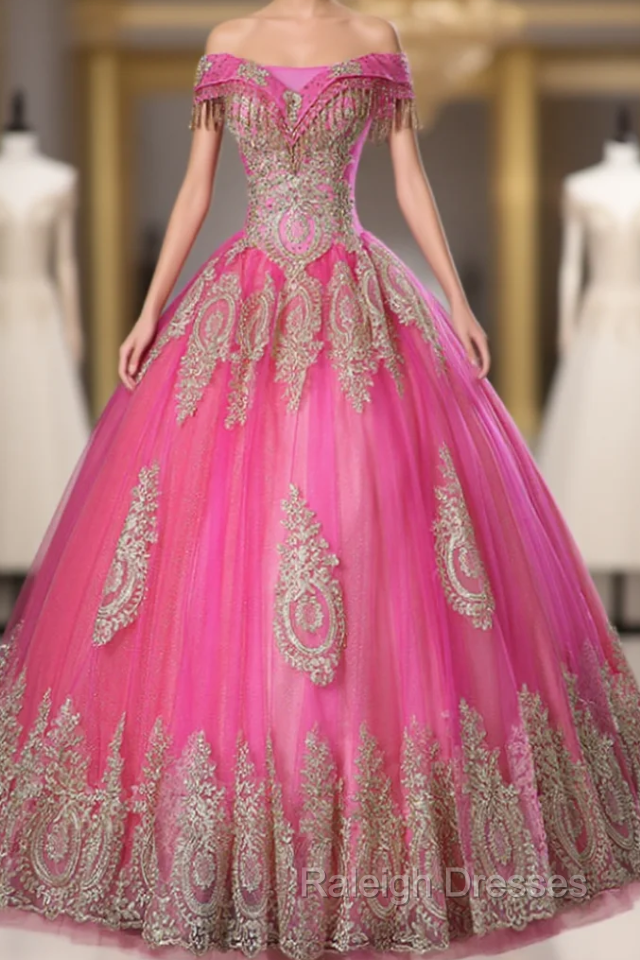 Get Your Discounts Fuchsia Ball Gown Tulle Appliques Beading Off the Shoulder Quinceanera Dress