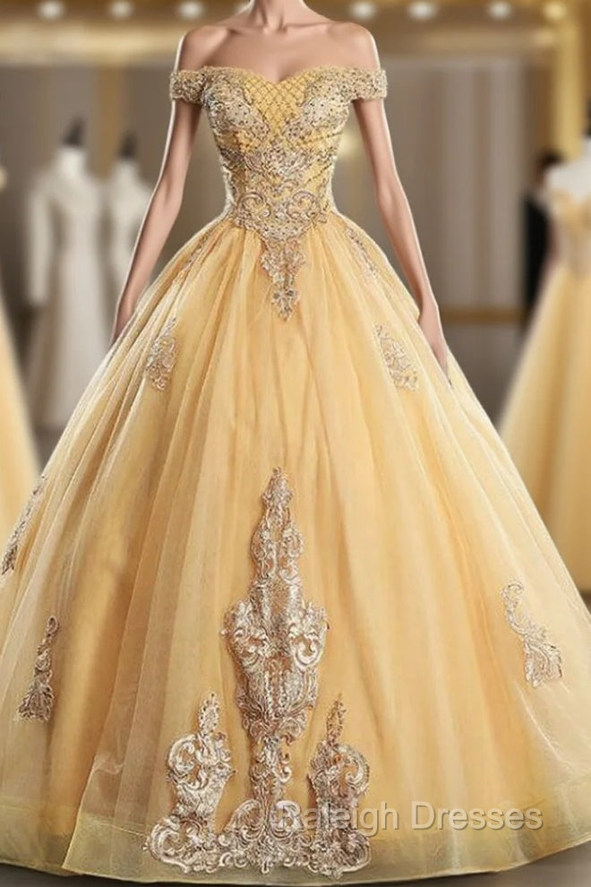 Get Your Discounts Gold Ball Gown Tulle Appliques Beading Off the Shoulder Quinceanera Dress
