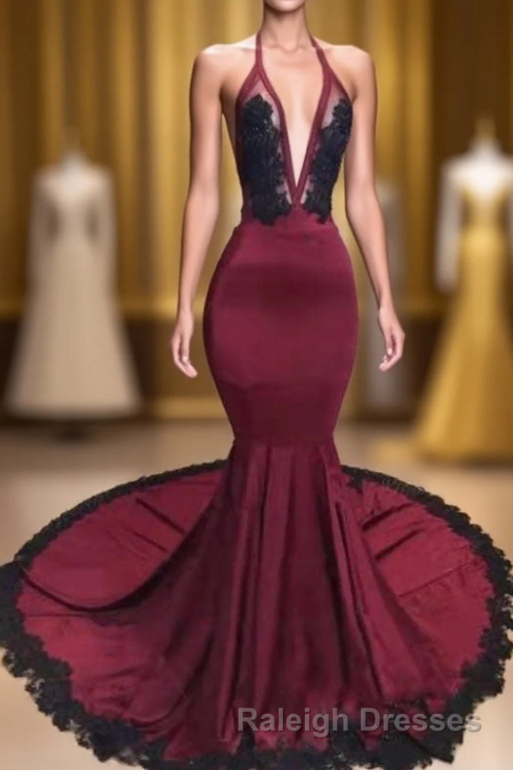 Burgundy Halter Deep V Neck Mermaid Prom Dress with Lace, Long Evening Gown Main image