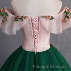 Green Off the Shoulder Floor Length Prom Dress with Appliques, Puffy Quinceanera Dress