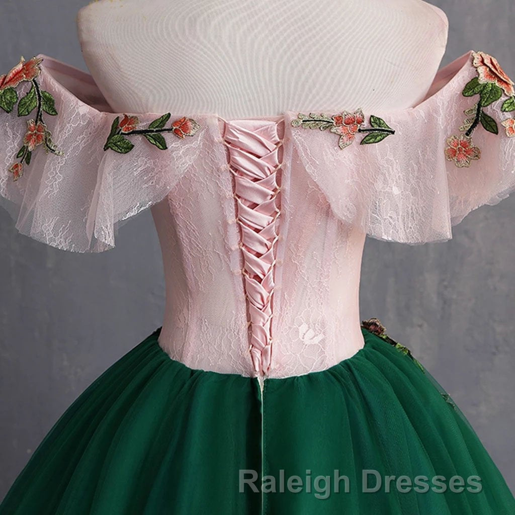 Green Off the Shoulder Floor Length Prom Dress with Appliques, Puffy Quinceanera Dress