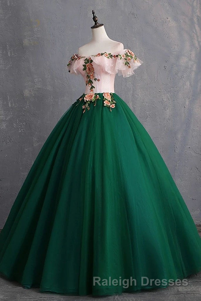 Green Off the Shoulder Floor Length Prom Dress with Appliques, Puffy Quinceanera Dress