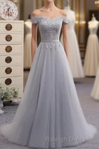 Gray A Line Lace Off Shoulder Prom Dresses Lace Prom Dress