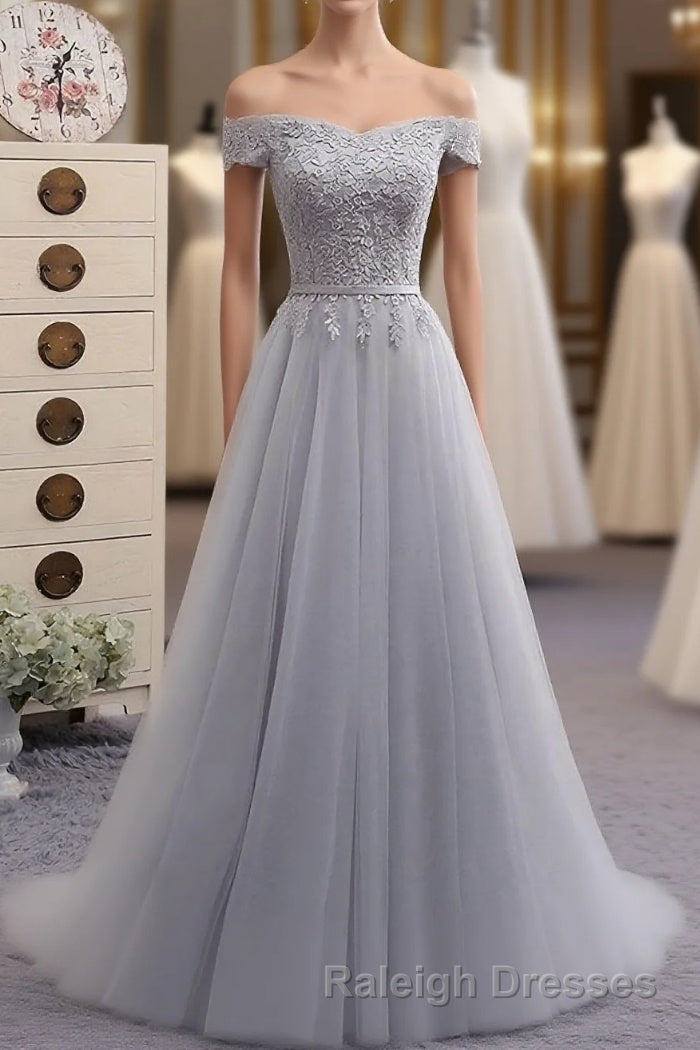Gray A Line Lace Off Shoulder Prom Dress, Lace Evening Dresses Main image