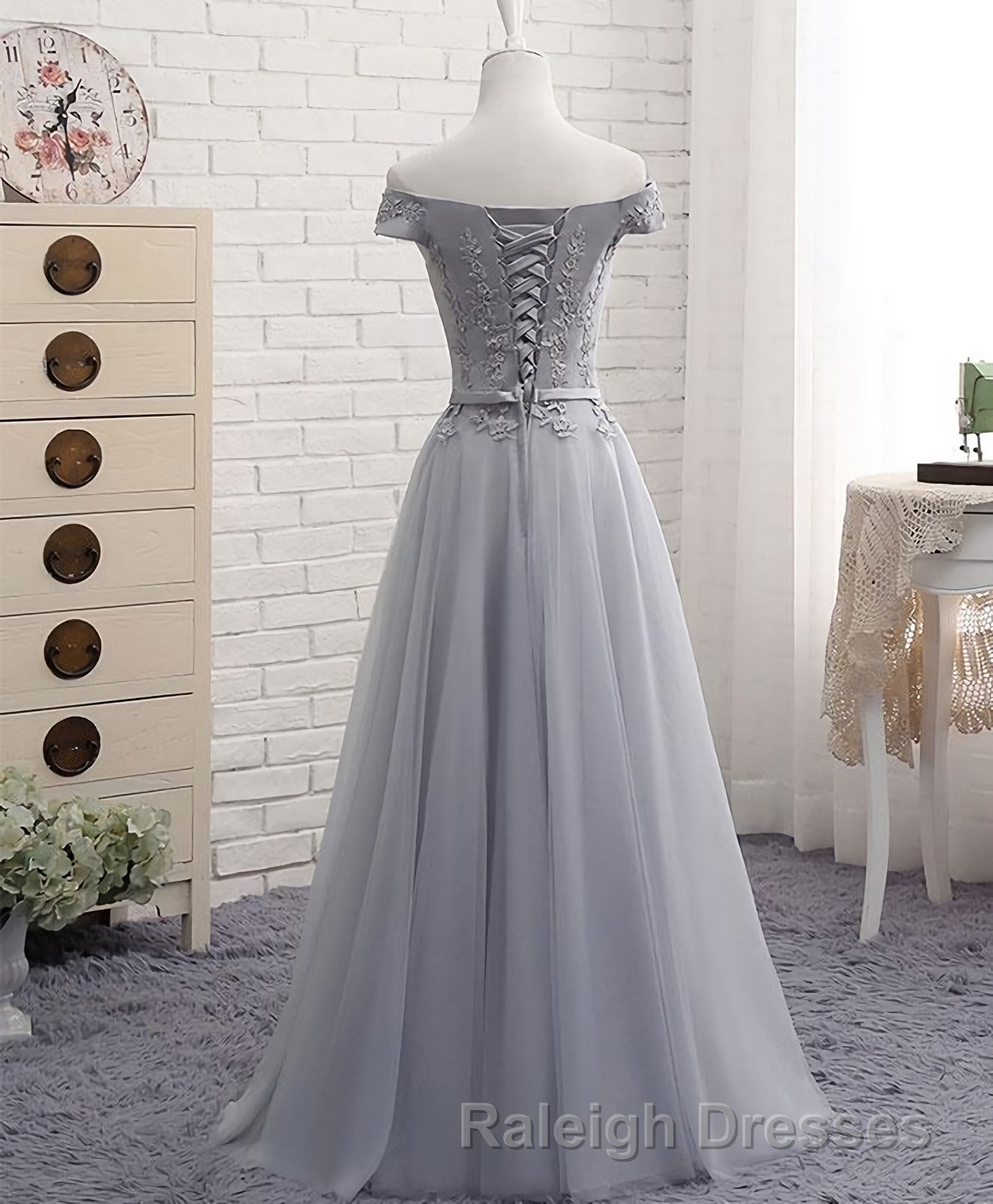 Gray A Line Lace Off Shoulder Prom Dress, Lace Evening Dresses