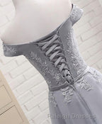Gray A Line Lace Off Shoulder Prom Dresses Lace Prom Dress