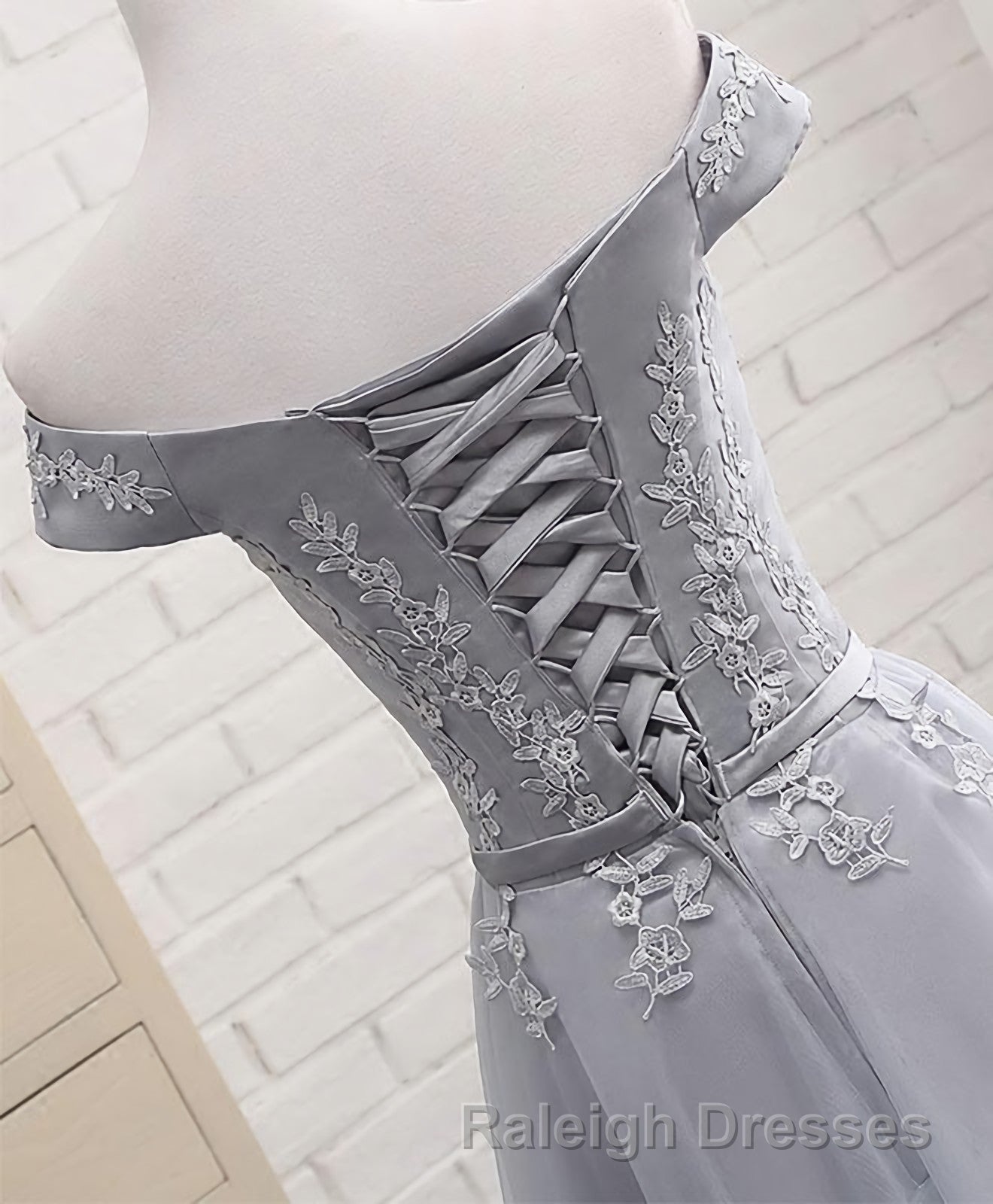 Gray A Line Lace Off Shoulder Prom Dresses Lace Prom Dress