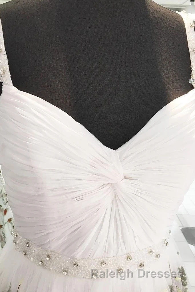 White Straps Floor Length Prom Dresses Long with Lace Flowers Prom Dresses Secondary image