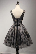 V Neck Short Black Lace Homecoming Prom Dresses, Short Prom Prom Dresses