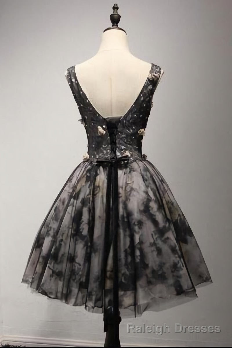 V Neck Short Black Lace Homecoming Prom Dresses, Short Prom Prom Dresses