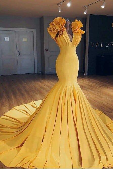 Ginger Yellow Fit And Flare Prom Dresses Ruffles Court Train Wholesale Evening Gowns Secondary image