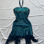 Blue Floral Beaded Short Halter Chiffon Homecoming Dresses Birthday Prom Dresses
