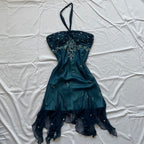 Blue Floral Beaded Short Halter Chiffon Homecoming Dresses Birthday Prom Dresses