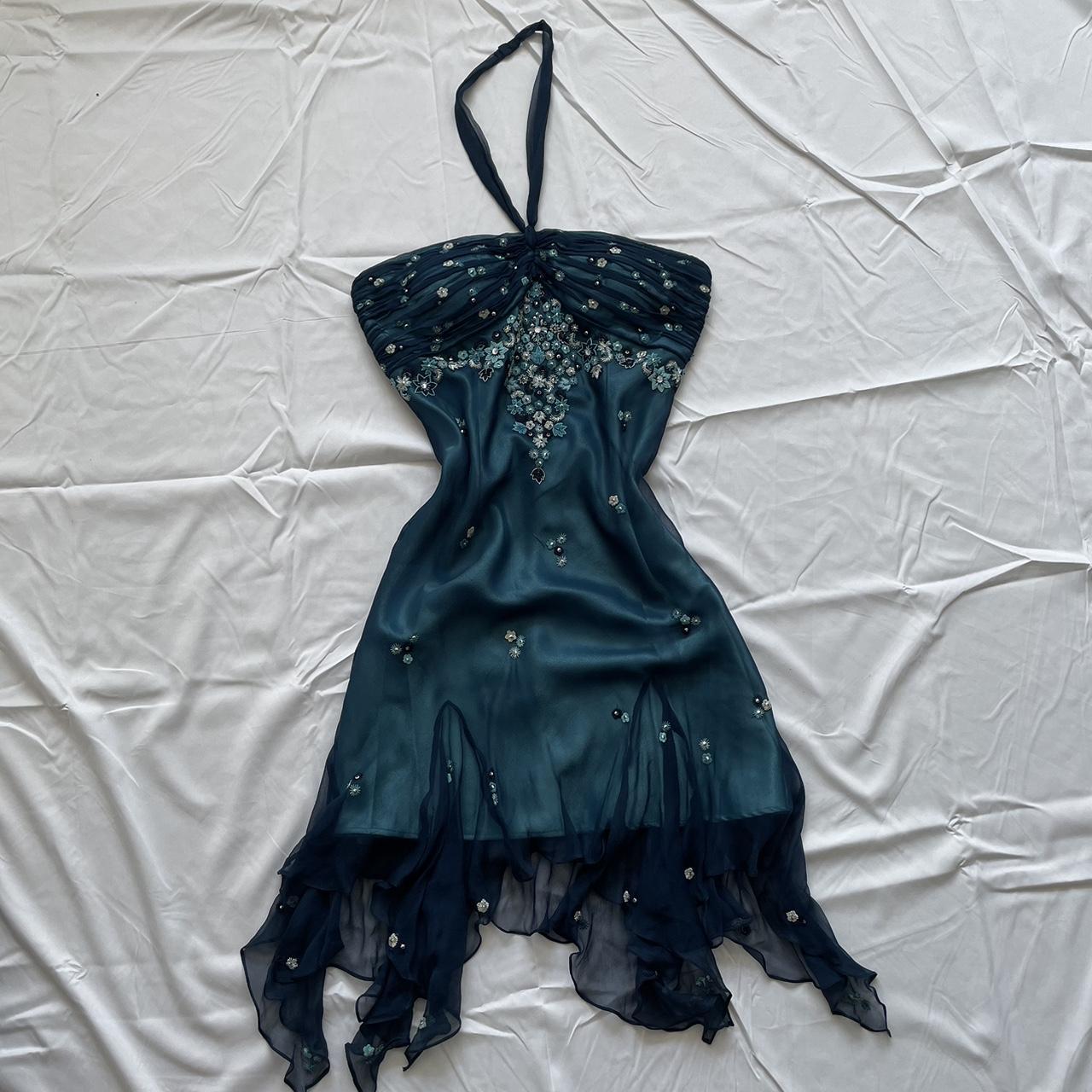 Blue Floral Beaded Short Halter Chiffon Homecoming Dresses Birthday Prom Dresses