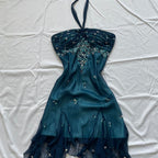 Blue Floral Beaded Short Halter Chiffon Homecoming Dresses Birthday Prom Dresses