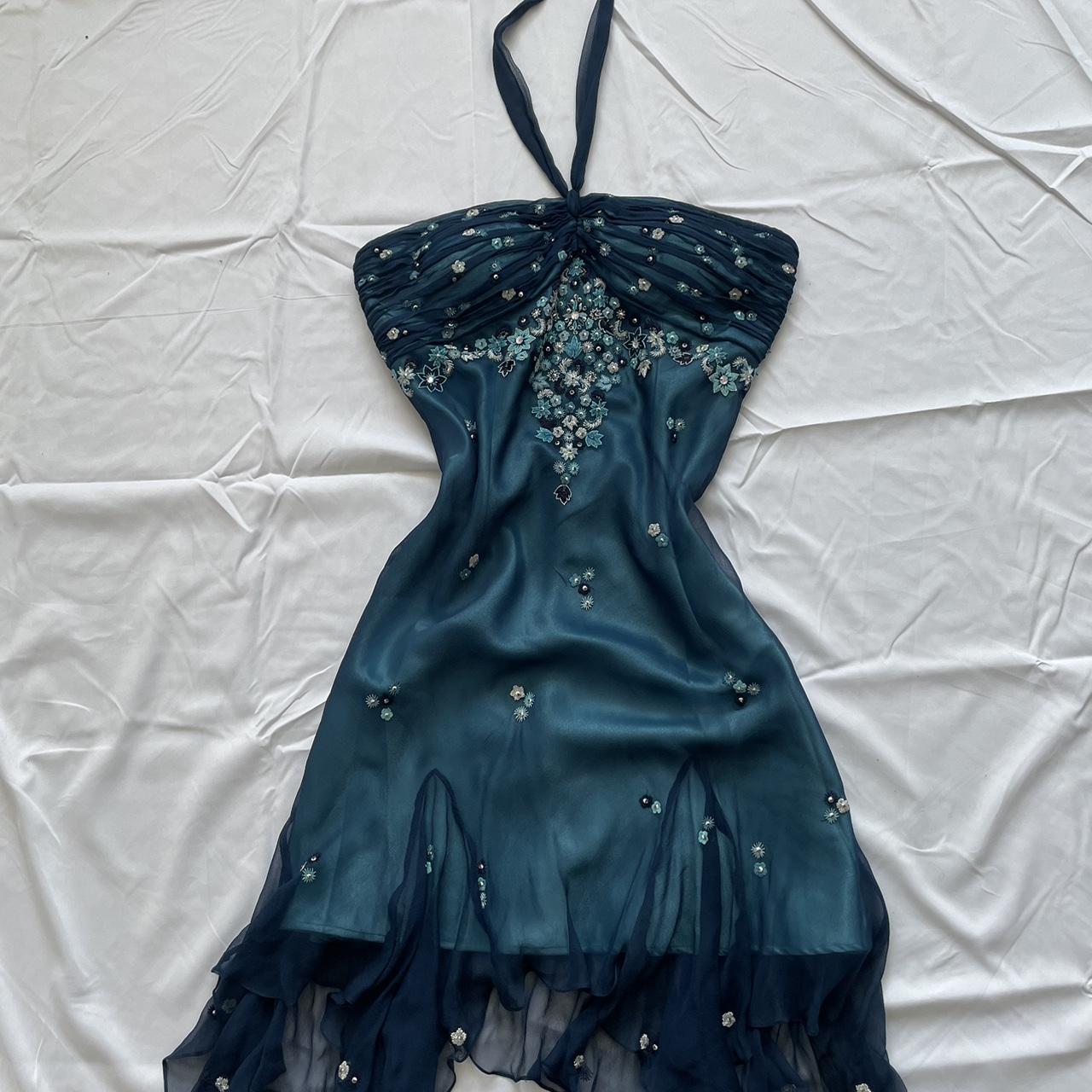 Blue Floral Beaded Short Halter Chiffon Homecoming Dresses Birthday Prom Dresses