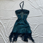 Blue Floral Beaded Short Halter Chiffon Homecoming Dresses Birthday Prom Dresses