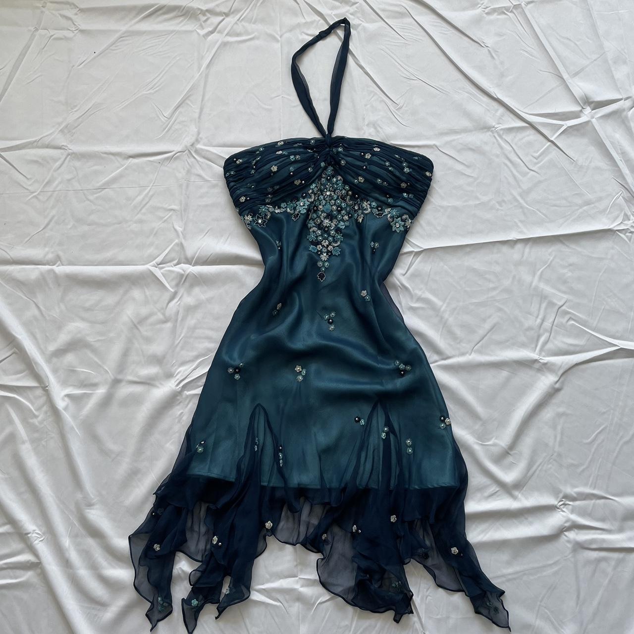 Blue Floral Beaded Short Halter Chiffon Homecoming Dresses Birthday Prom Dresses