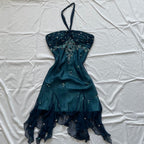 Blue Floral Beaded Short Halter Chiffon Homecoming Dresses Birthday Prom Dresses