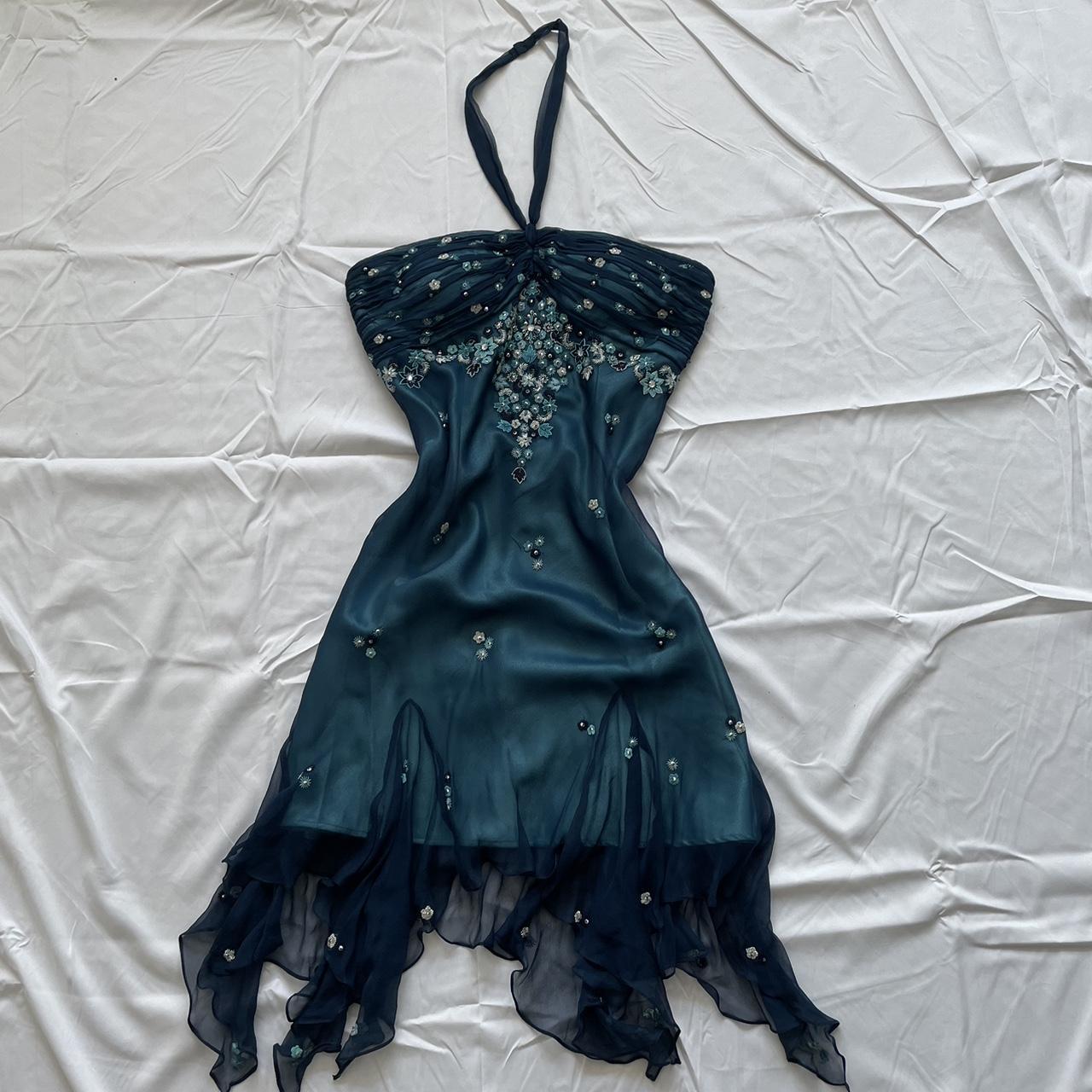 Blue Floral Beaded Short Halter Chiffon Homecoming Dresses Birthday Prom Dresses