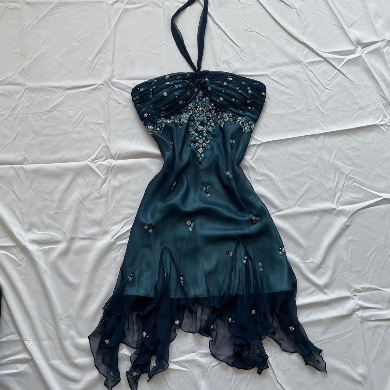 Blue Floral Beaded Short Halter Chiffon Homecoming Dresses Birthday Prom Dresses