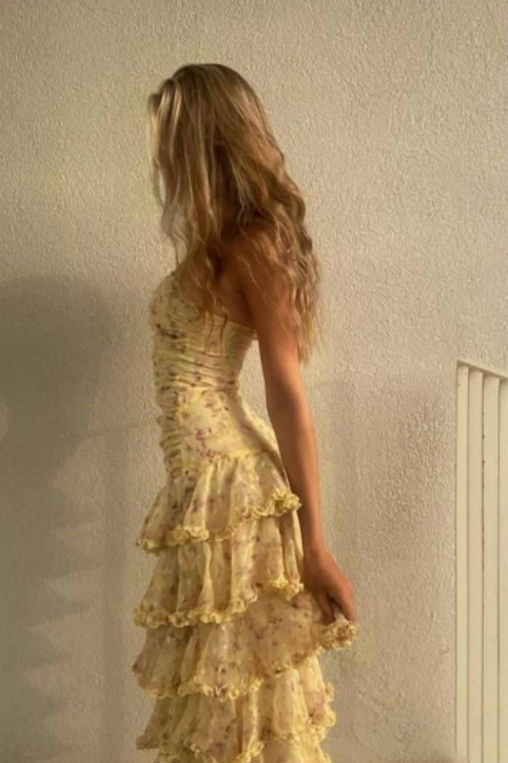 Yellow Floral Long Chiffon Prom Dresses Wedding Guest Dresses