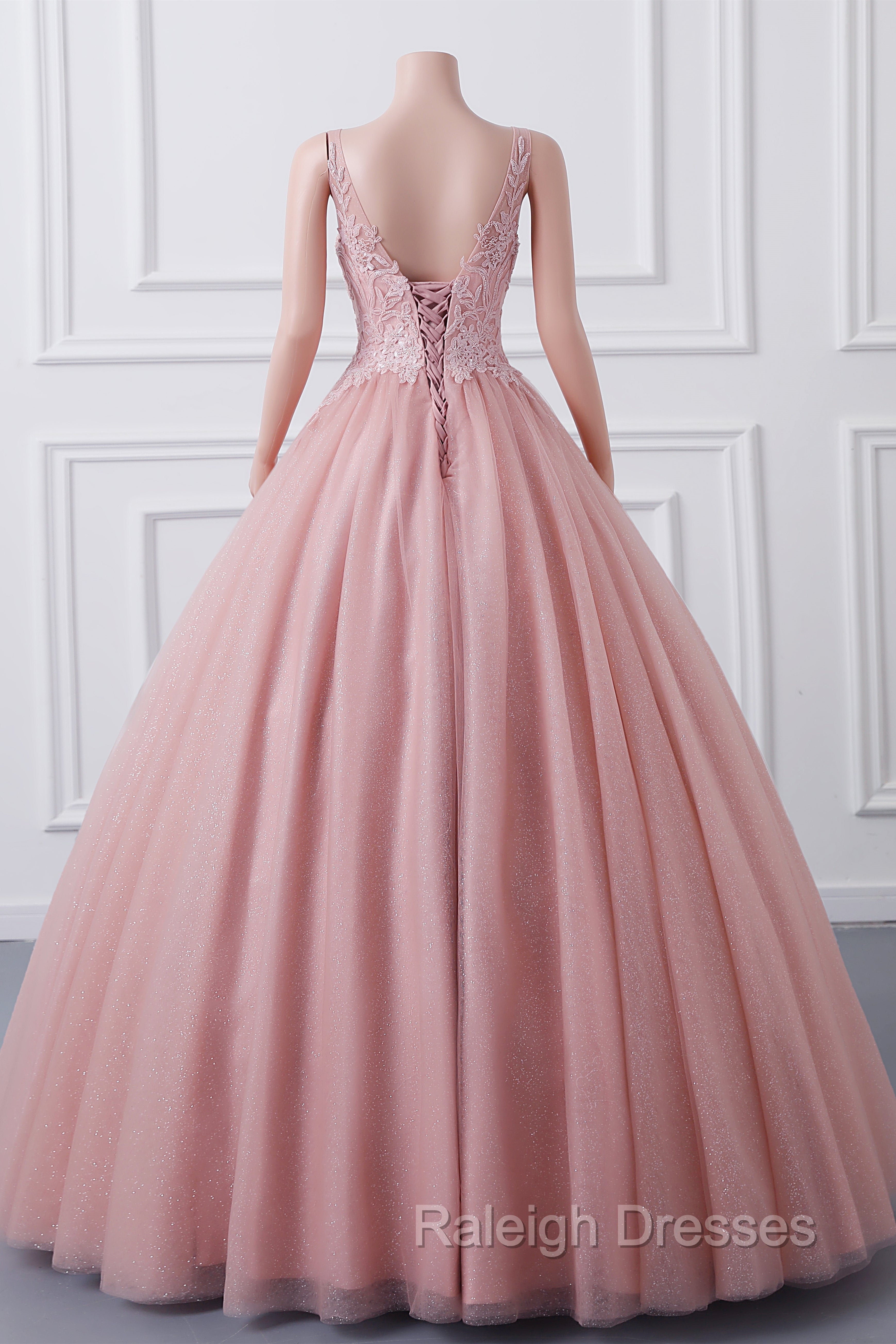 Girls Sequins V neck Dusty Rose Prom Dresses A-line Tulle Ball Gown Quinceanera Dress Sweet 16 Party Dresses