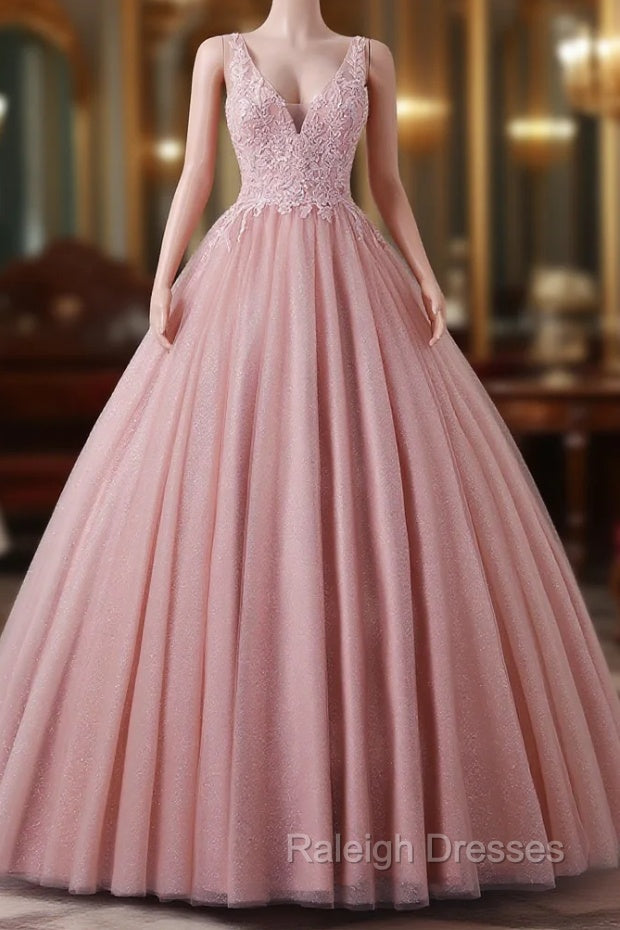 Girls Sequins V neck Dusty Rose Prom Dresses A-line Tulle Ball Gown Quinceanera Dress Sweet 16 Party Dresses Main image
