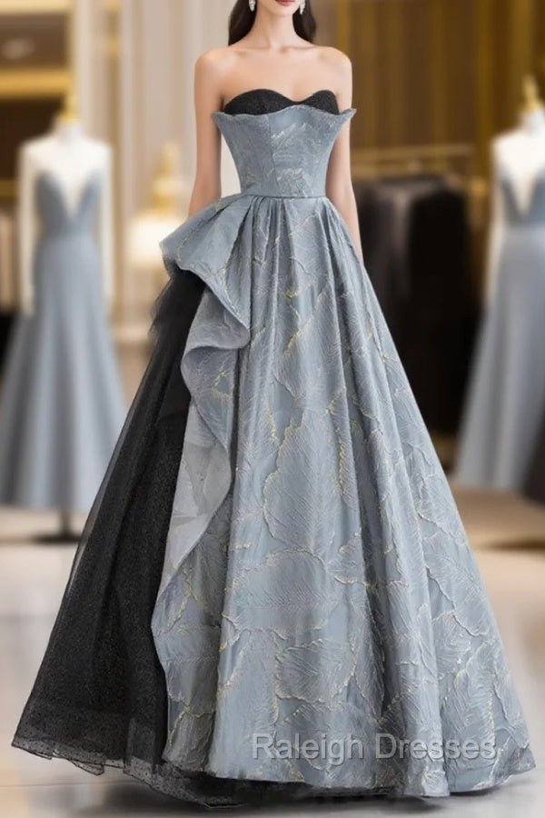 Glam A Line Blue-Grey Sweetheart Long Prom Dress, Floor Length Tulle Prom Dress Formal Dress