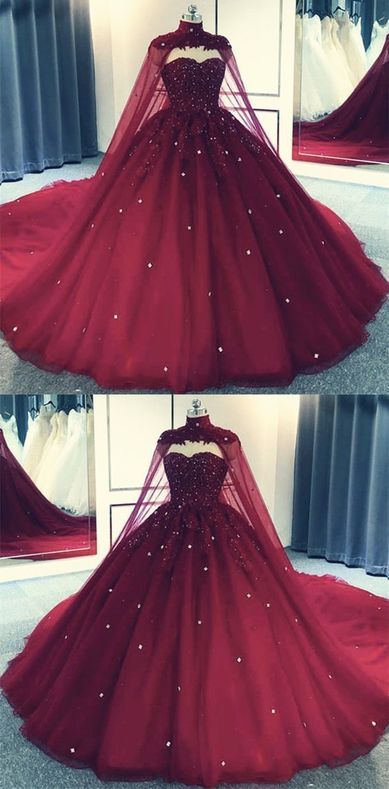 Glam Ball Gowns Quinceanera Dresses Lace Applique Beaded Cape Wine Red Prom Dresses Prom Gown Secondary image