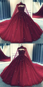 Glam Ball Gowns Quinceanera Dresses Lace Applique Beaded Cape Wine Red Prom Dresses Prom Gown