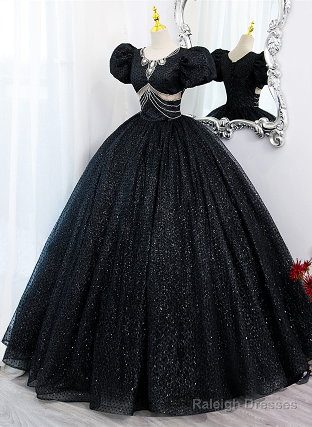 Glam Black Tulle Beaded Short Sleeves Prom Dress, Black Tulle Formal Dress Sweet 16 Dress