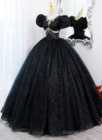 Glam Black Tulle Beaded Short Sleeves Prom Dresses Black Tulle Prom Dresses Sweet 16 Dresses