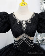 Glam Black Tulle Beaded Short Sleeves Prom Dress, Black Tulle Formal Dress Sweet 16 Dress