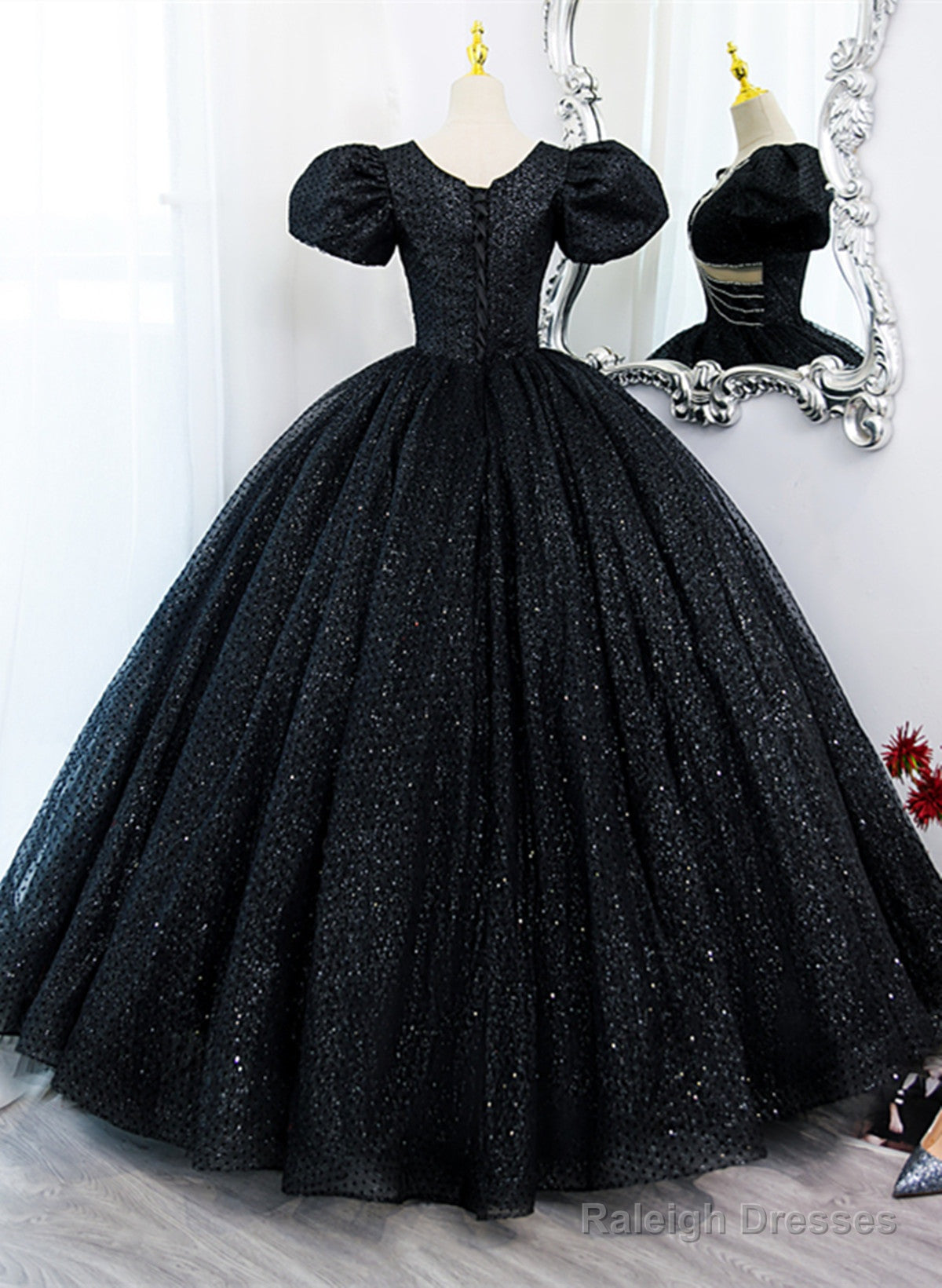 Glam Black Tulle Beaded Short Sleeves Prom Dress, Black Tulle Formal Dress Sweet 16 Dress