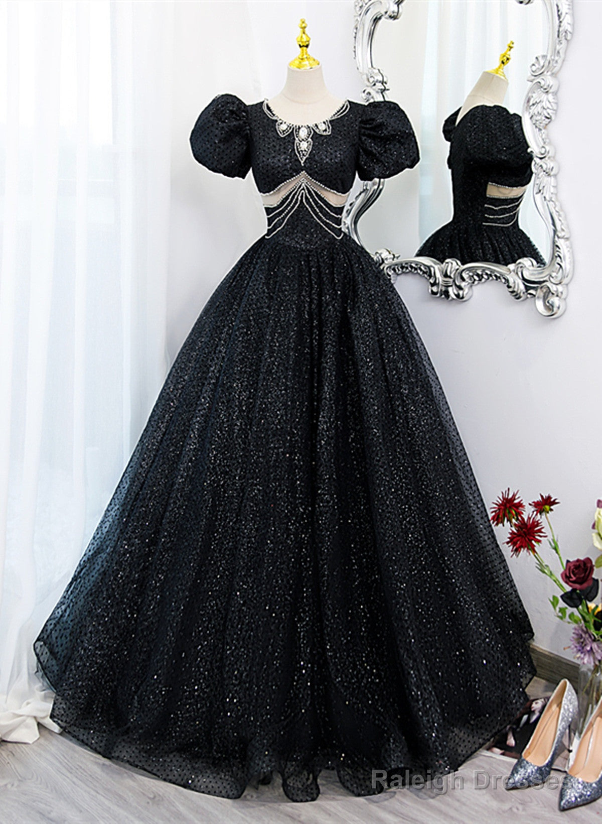 Glam Black Tulle Beaded Short Sleeves Prom Dress, Black Tulle Formal Dress Sweet 16 Dress Main image