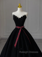 Glam Black V-Neckline Velvet Lace-Up Prom Dress, Black Velvet Floor Length Prom Dress