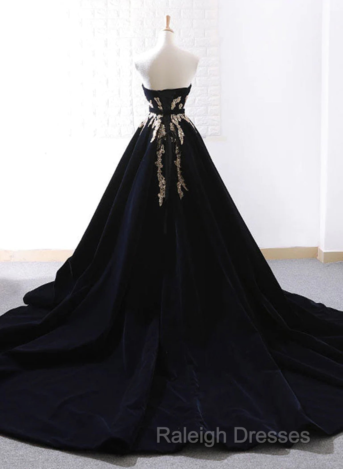 Glam Black Velvet Long Formal Gown With Gold Lace, Black Velvet Prom Dress Evening Dress Secondary image