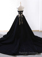 Glam Black Velvet Long Formal Gown With Gold Lace, Black Velvet Prom Dress Evening Dress