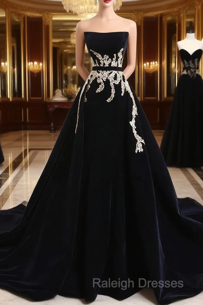 Glam Black Velvet Long Formal Gown With Gold Lace, Black Velvet Prom Dress Evening Dress