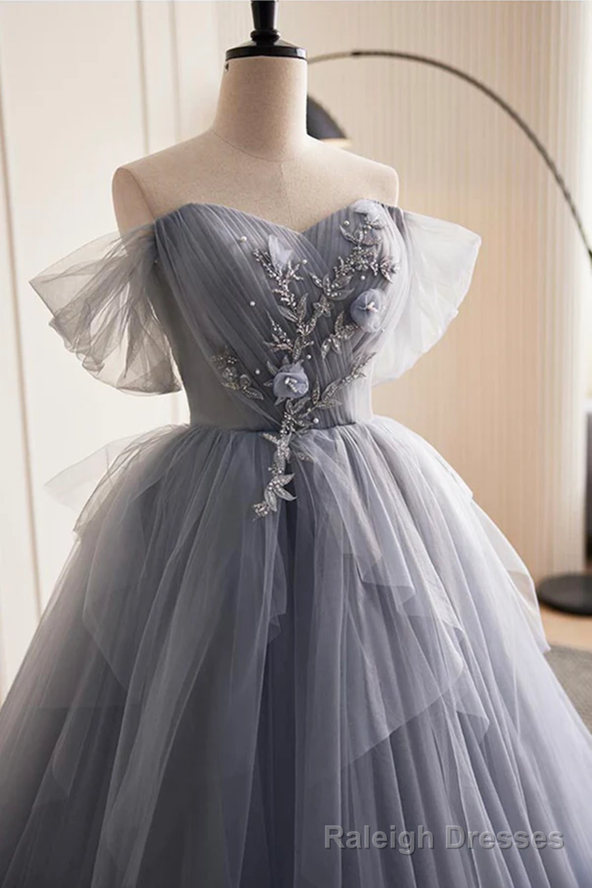 Glam Blue-Grey Tulle with Lace Applique Long Prom Dress, Tulle Formal Dress Prom Gowns Secondary image