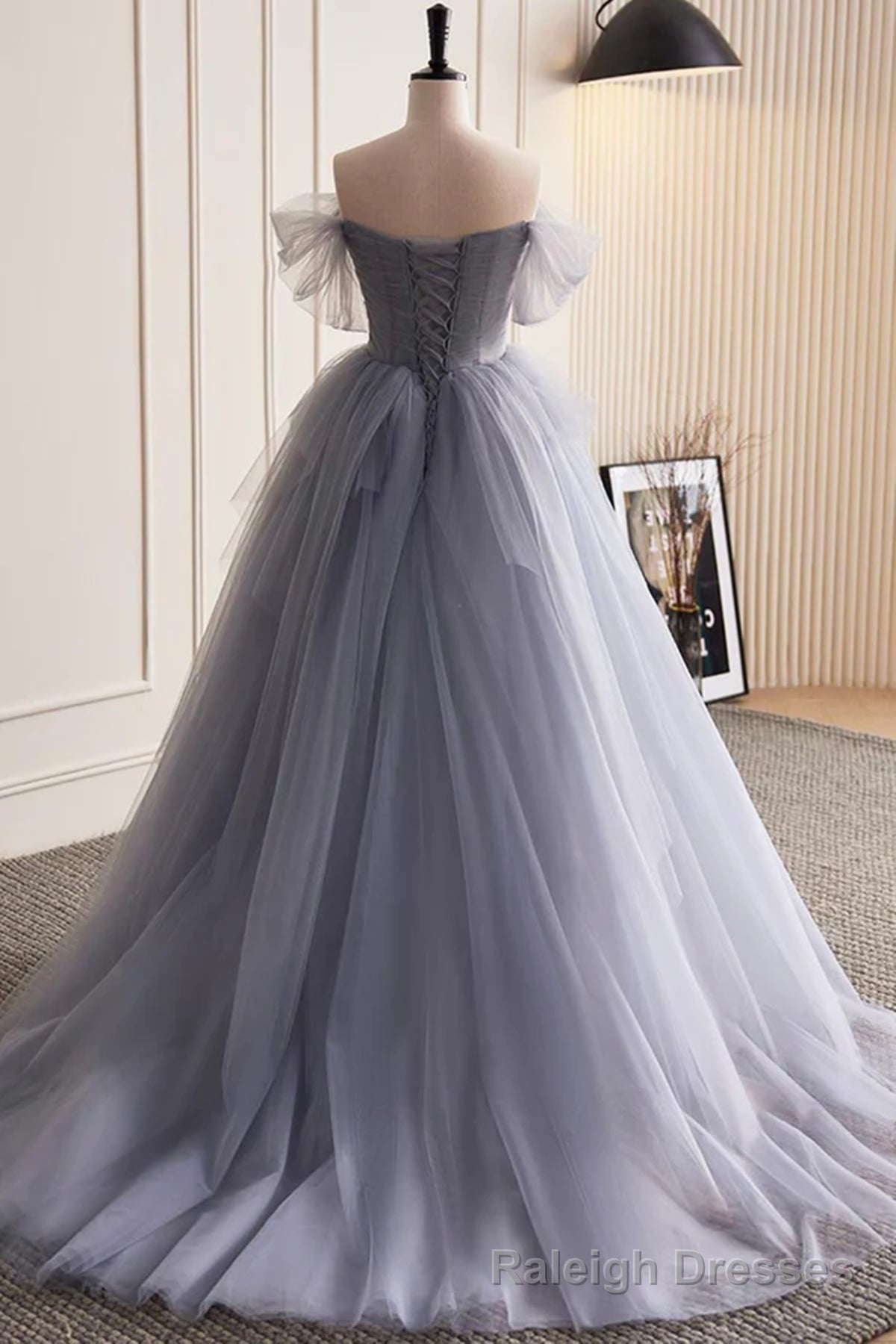 Glam Blue-Grey Tulle with Lace Applique Long Prom Dress, Tulle Formal Dress Prom Gowns Main image