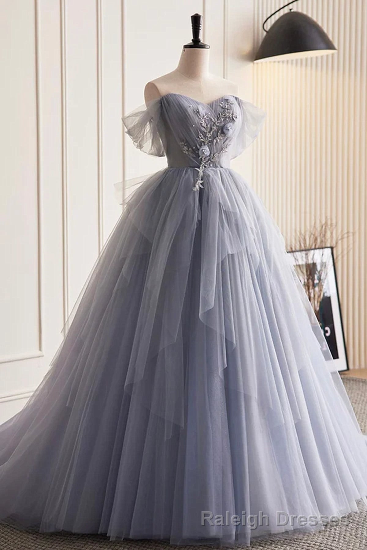 Glam Blue-Grey Tulle with Lace Applique Long Party Dress, Tulle Formal Dress Evening Gown