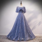 Glam Blue Off Shoulder Lace-up Long Prom Dressess Prom Dresses Blue Wedding Prom Dresses