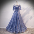 Glam Blue Off Shoulder Lace-up Long Prom Dressess Prom Dresses Blue Wedding Prom Dresses