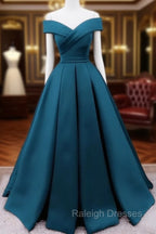 Glam Blue Satin Long Off Shoulder Prom Dress, A Line Prom Dress