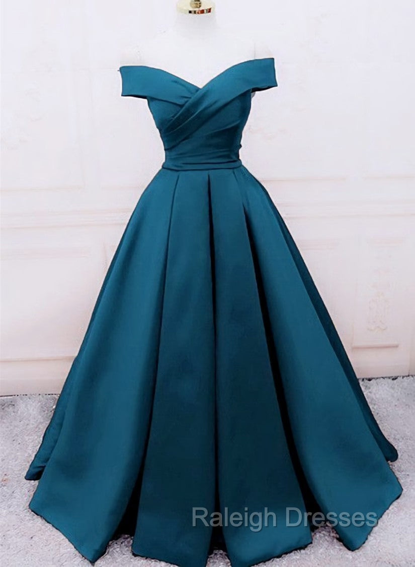 Glam Blue Satin Long Off Shoulder Prom Dress, A Line Prom Dress Main image